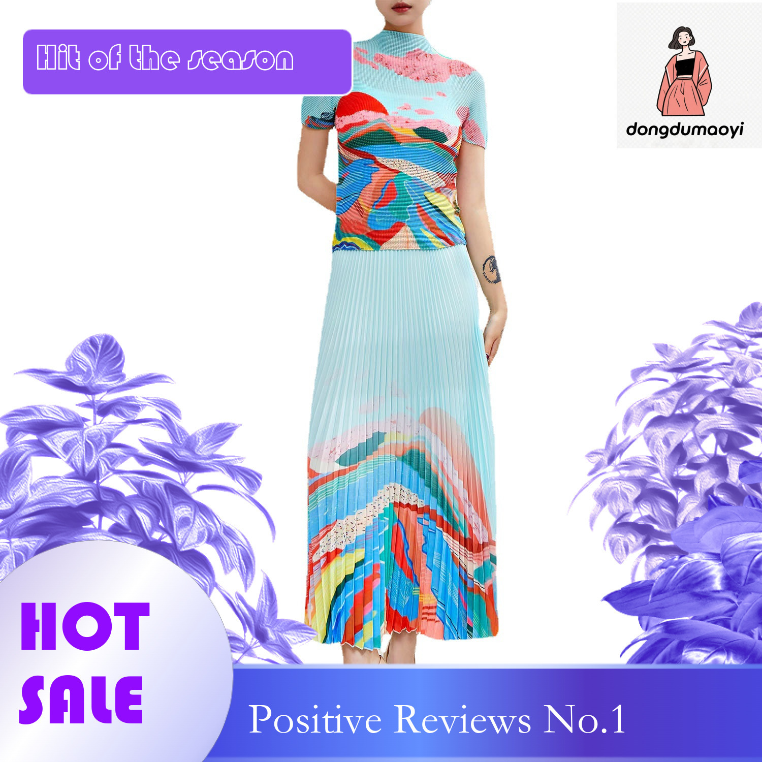 dongdumaoyi Miyake printed T-shirt, women's summer new style, pleated half skirt, small fashionable, age reducing and stylish two-piece set