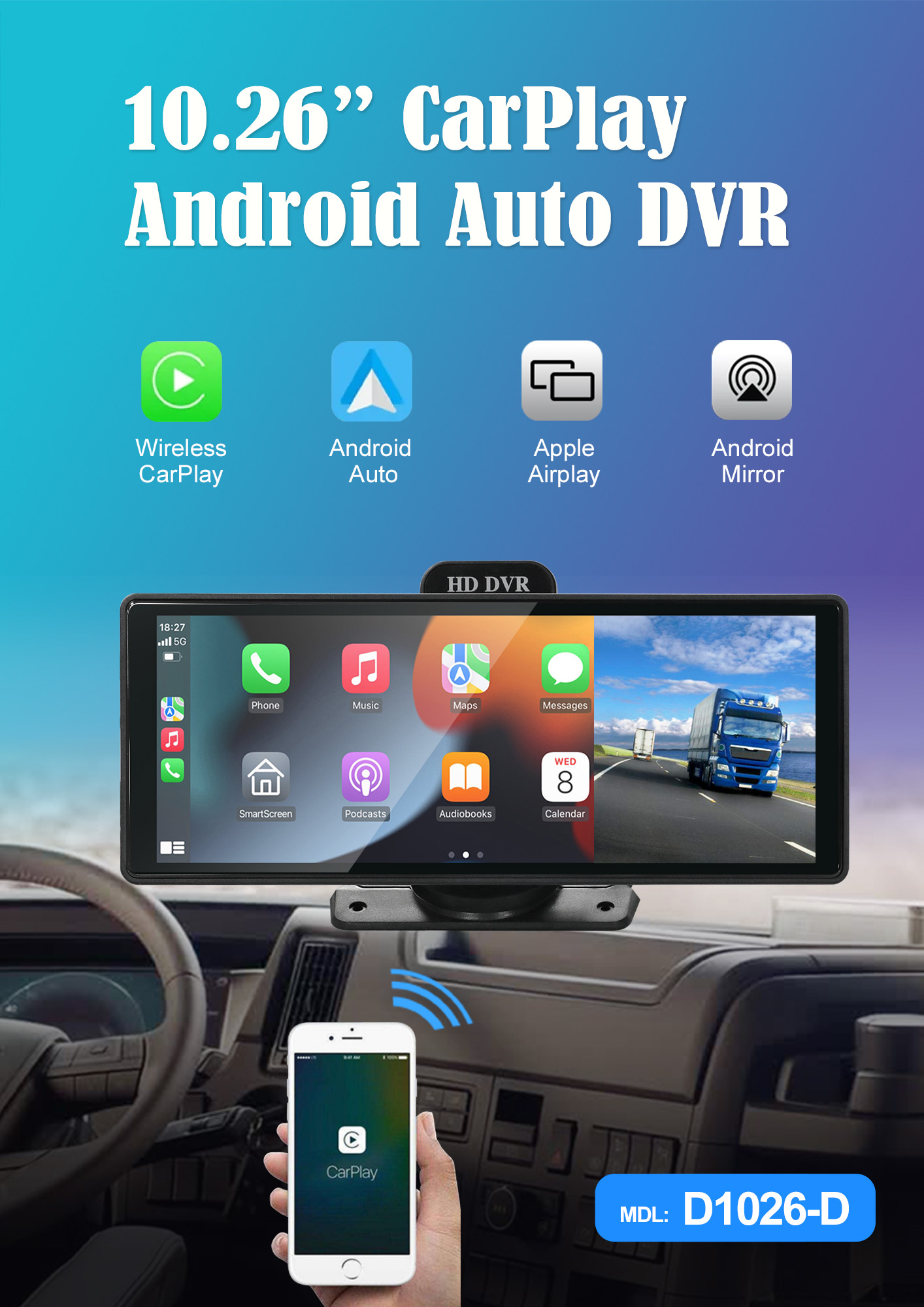 BY-CS102 10.26" IPS Touchscreen Car Display with Dual 1080P Cameras Wireless CarPlay/Android Auto Global Certified & OEM Support