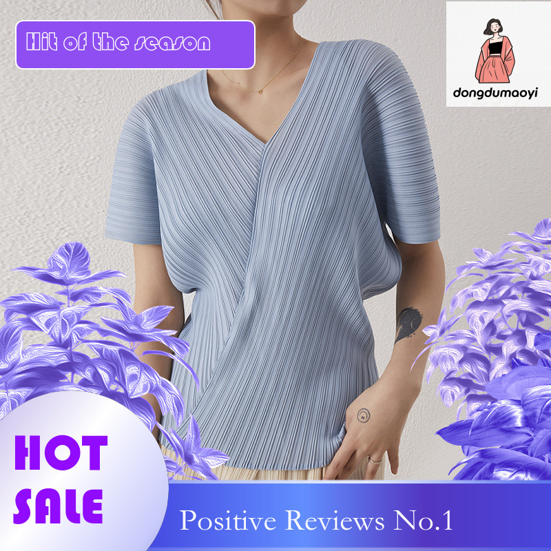 dongdumaoyi Miyake Women's 2024 Summer KK Fold Cross Design Top Loose and Versatile T-shirt