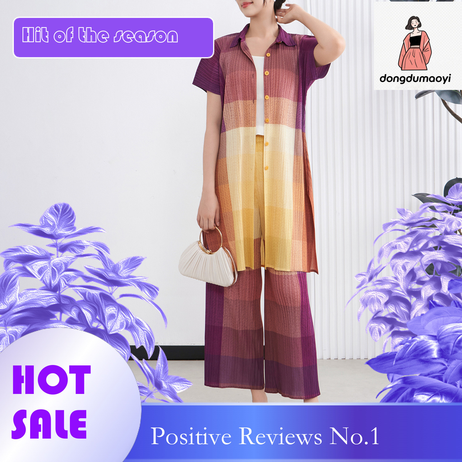 dongdumaoyi Miyake's new pleated shirt dress style two-piece set, fashionable and casual gradient color cardigan wide leg pants set