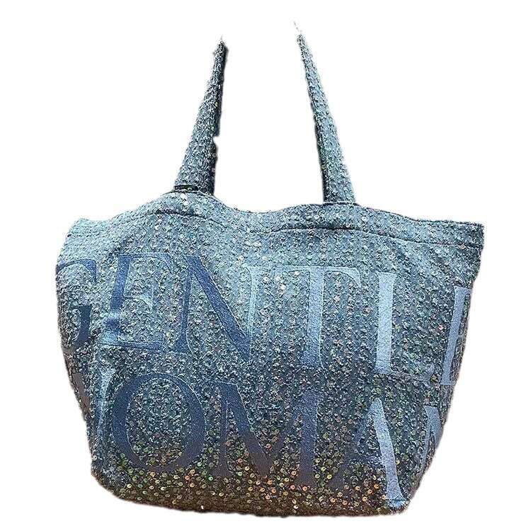 Thai letter glitter washed denim item bling large capacity tote bag 2025 temperament versatile new trend ins