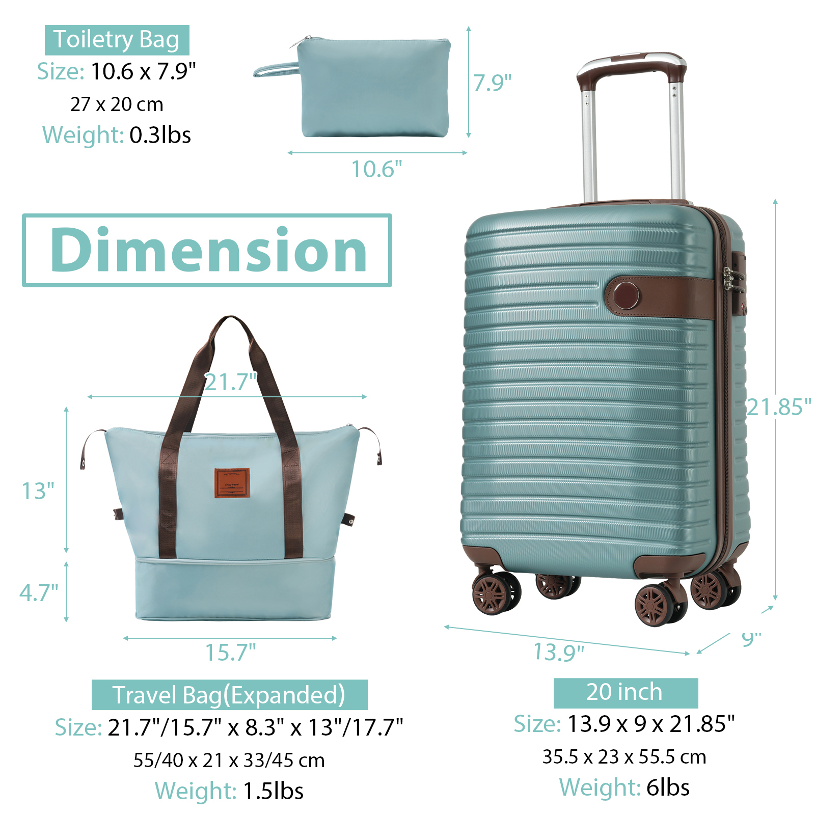 3-Piece Luggage Set: 20-Inch Carry - on Luggage, Airline Approved, Lightweight Hardshell ABS Suitcases with Wheels and TSA Lock Retractable pull rod T