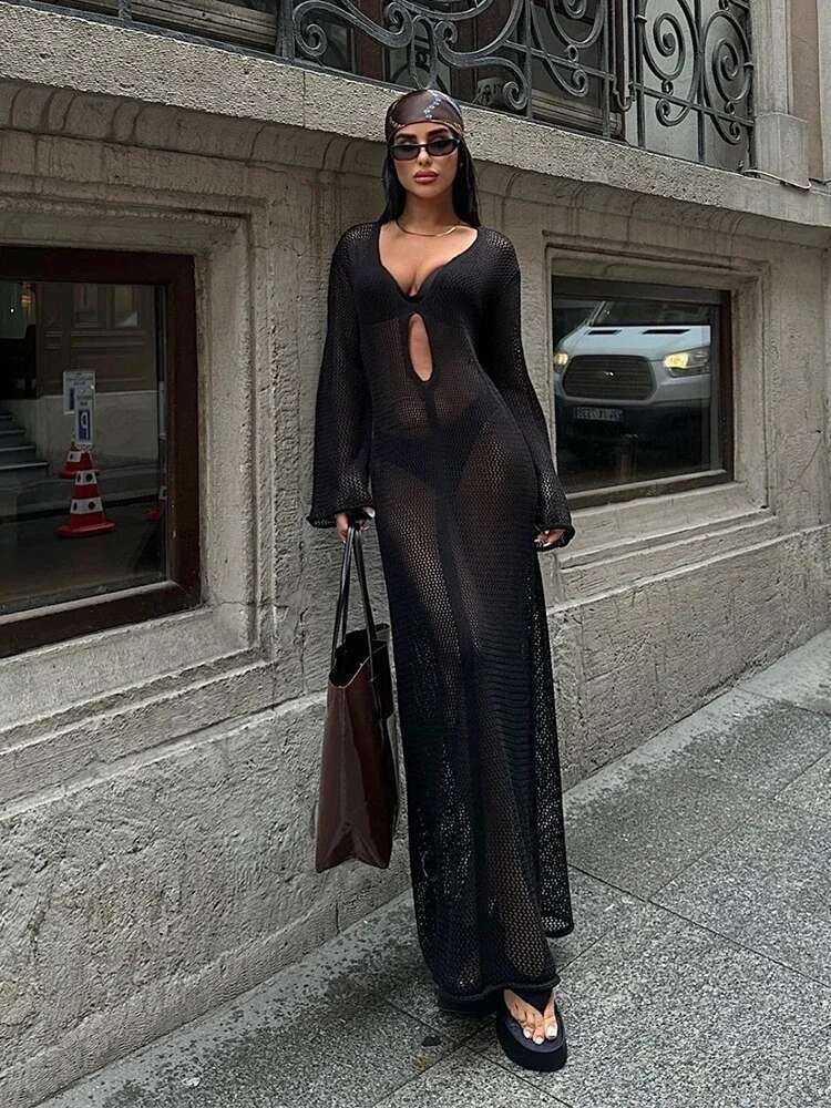 2025 Sexy Knit Swimsuit Cover Up Women Summer V-Neck Cut Out Bell Long Sleeve Beach Maxi Dress Chic Slim Party Club Outfit A2882