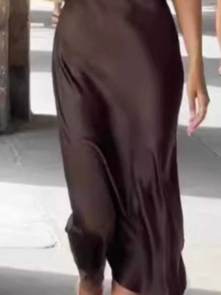 Womens Elegant Satin Sleeveless Midi Dress Fashion Solid Color O Neck Slim Fit Dresses Female Stylish Street Party Dress 2024XJ250514