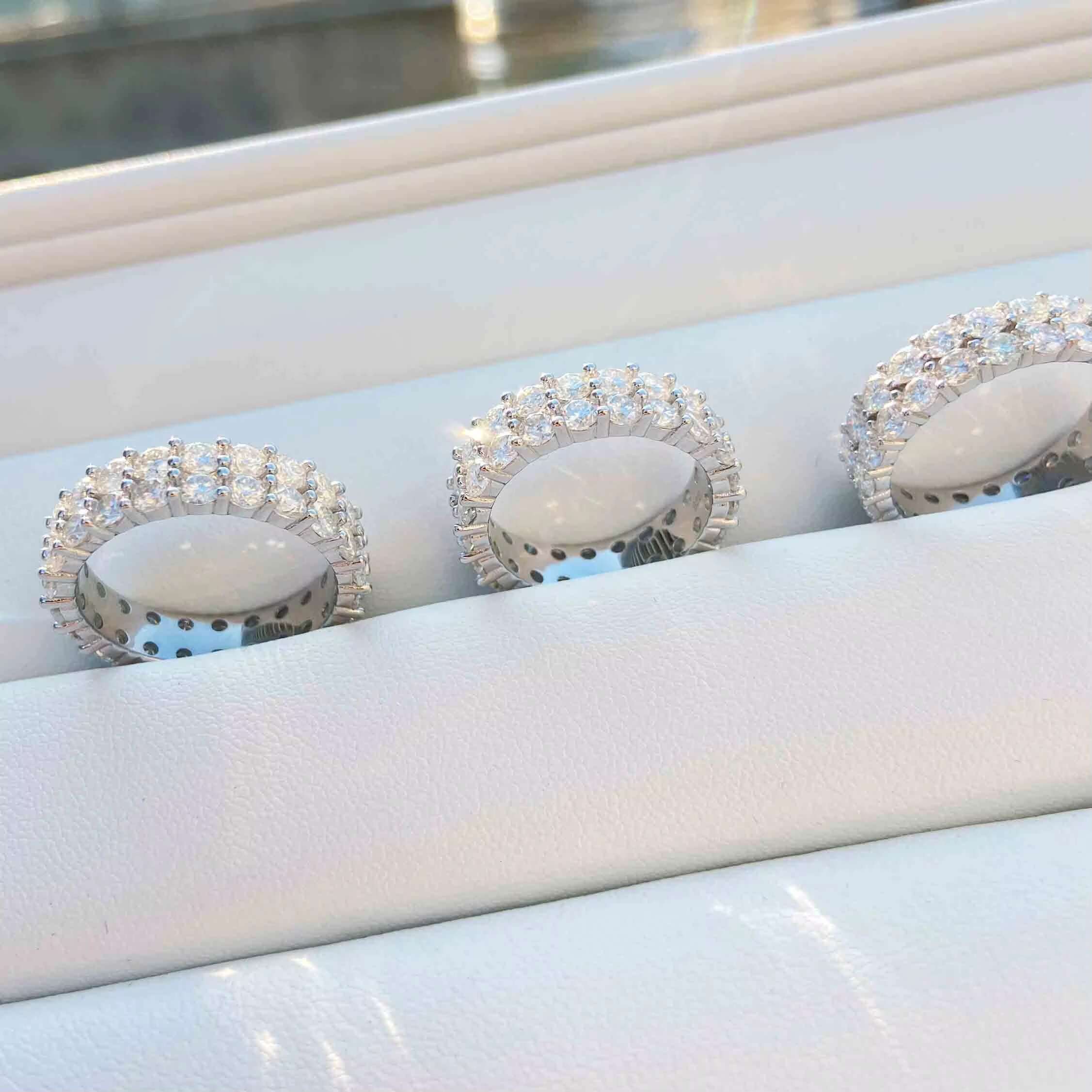 Sterling Silver 925 3mm Diamond Stone 2 Rows Vvs Moissanite Band Ring Hip Hop Bling Jewelry Women Rings