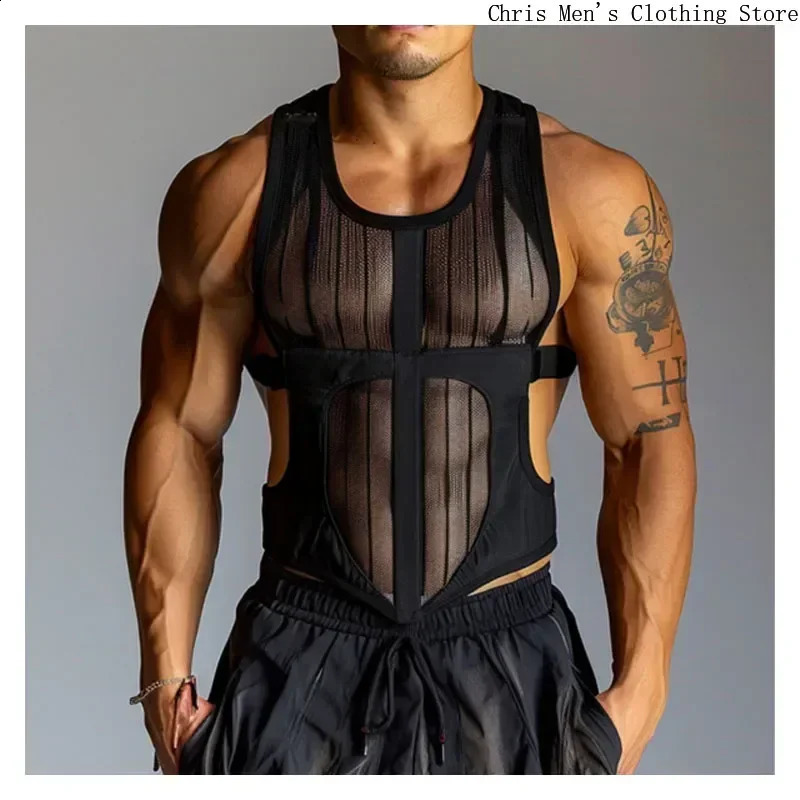 Mesh Breathable Male Tank Top Sexy See-through Men Sleeveless Tee Mens High Street Punk Black Vest Fitness Exercise Hollow Vest 250513
