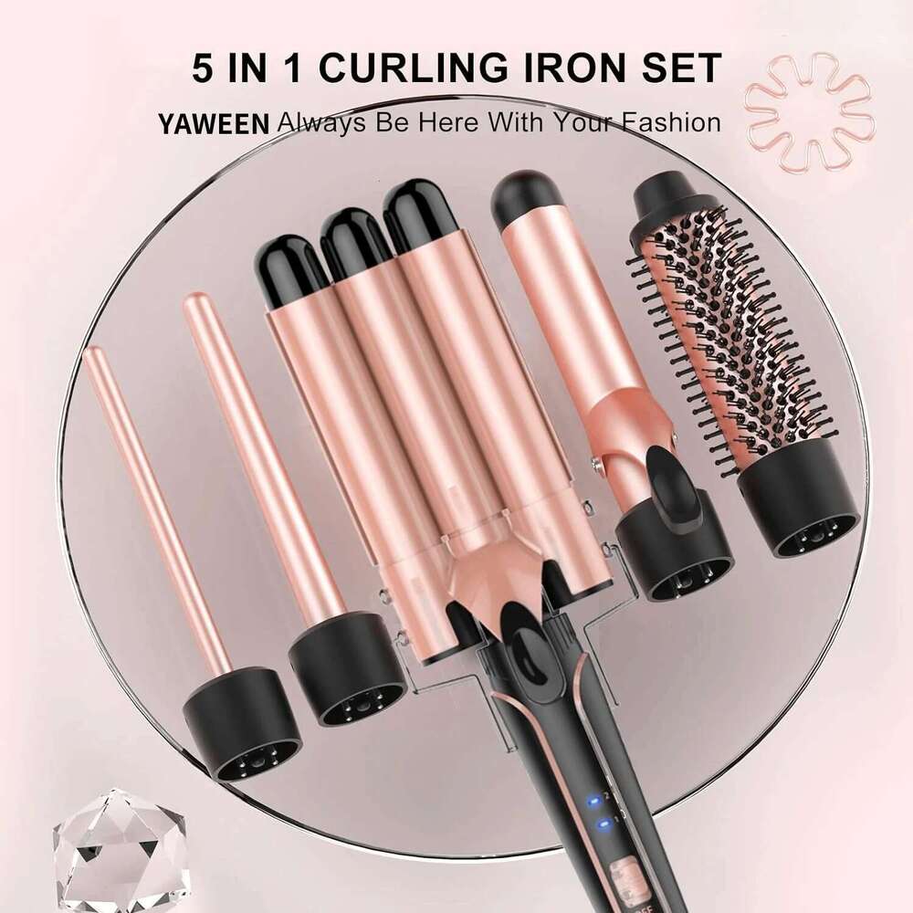 Professional Set 5 in 1 Waver Curling Iron Interchangeable Triple Barrel and Electric Brushes for Hair Tools