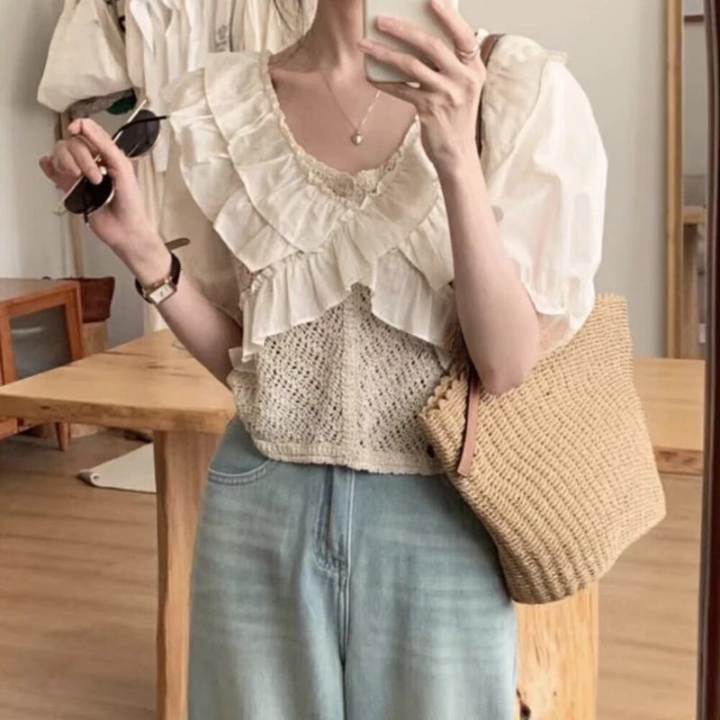REALEFT Spring Summer Hollow Out Lace Crochet Womens Blouses Short Sleeve Ruffles Vneck Casual Shirts Top for 250514