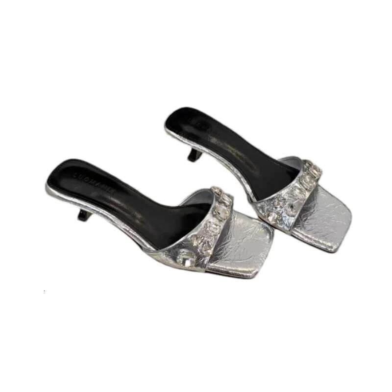 Crystal Women Slippers Square Toe High Heels Woman Sandals 2025 Summer Brand Sexy Party Shoes Zapatillas De Mujer