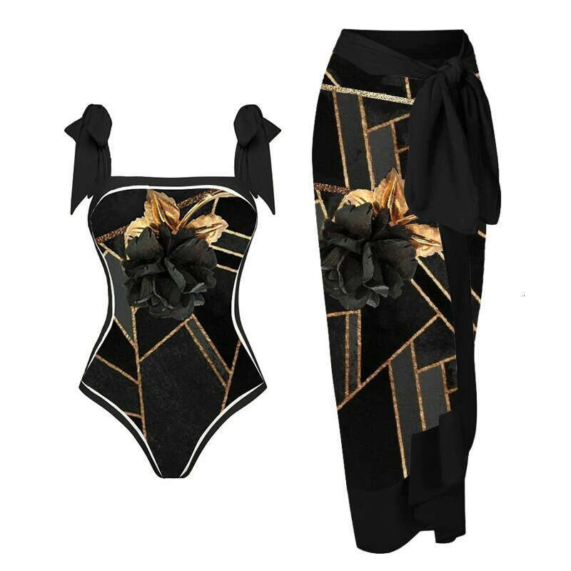 New double-sided European and American one-piece women's conservative vacation swimsuit chiffon printed wrapped skirt set 2025 new casual versati