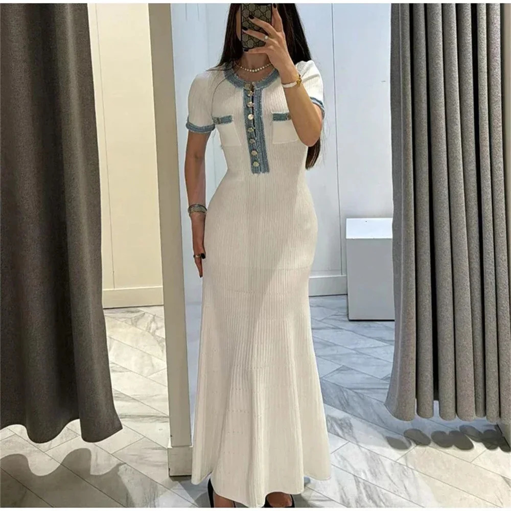 Elegant Contrasting Women Knit Maxi Dress Chic O-neck Short Sleeve Metal Buttons Bodycon Dresses Office Lady Commuting Robe 250514