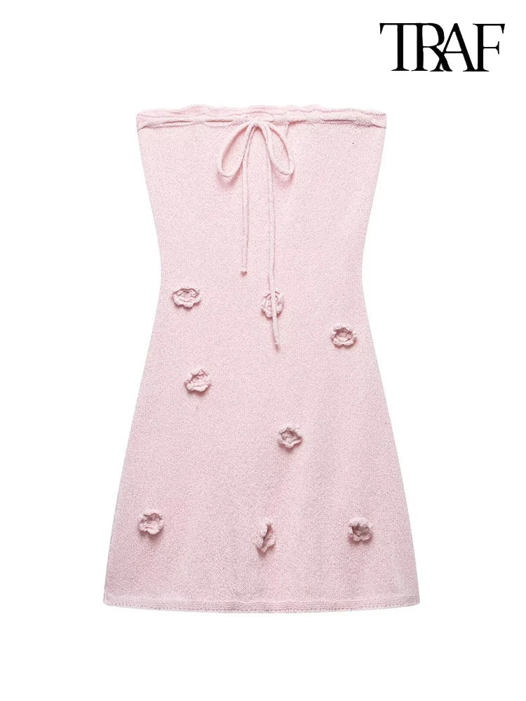 TRAF Womens Fashion Sweet Pink Stereoscopic Flower Embellished Laceup Knit Dress Sexy Slim Sleeveless Sheath Mini 250514