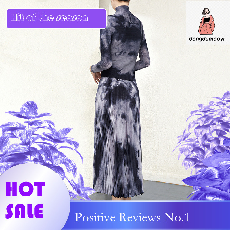 dongdumaoyi Women's new Miyake blend printed long sleeved plus size T-shirt fashionable high waisted pleated skirt women's suit