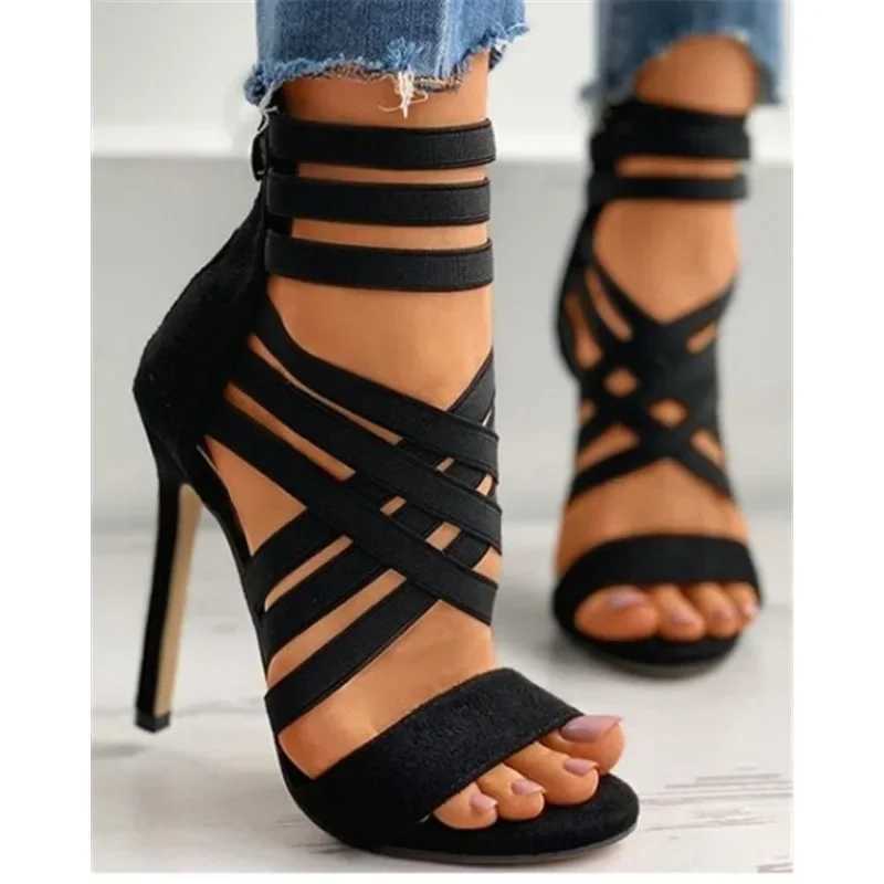 Summer womens fashion bandage back zipper sandals 2025 sexy pointed toe versatile solid color banquet party stilettos large 43 W250514