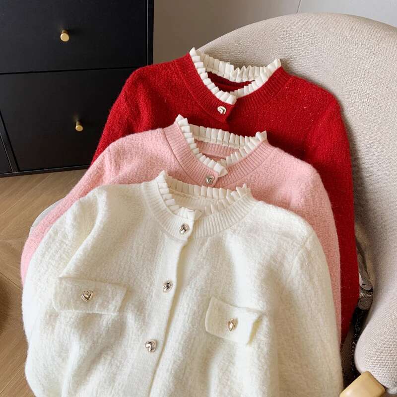New Autumn Winter Cashmere Sweater Korean Style Casual Ruffles White Pink Red Long Sleeve Knitted Cardigans For Women