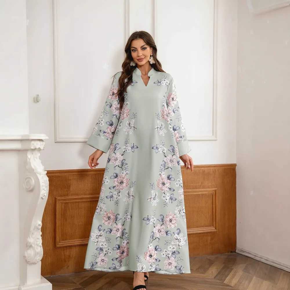 New Long-Slves Loose Dress Middle East Saudi Muslim Womens Long Robe Floral Print Beaded Arabic Dress Abaya X250514