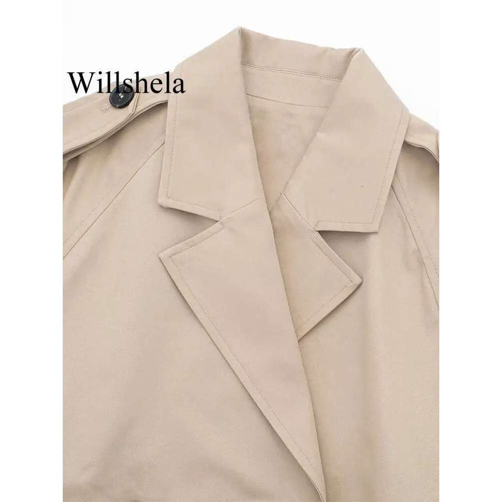 Willshela Women Fashion With Belt Cropped Trench Jacket Vintage Notched Neck Long Sleeve Female Chic Lady Coat Outfits