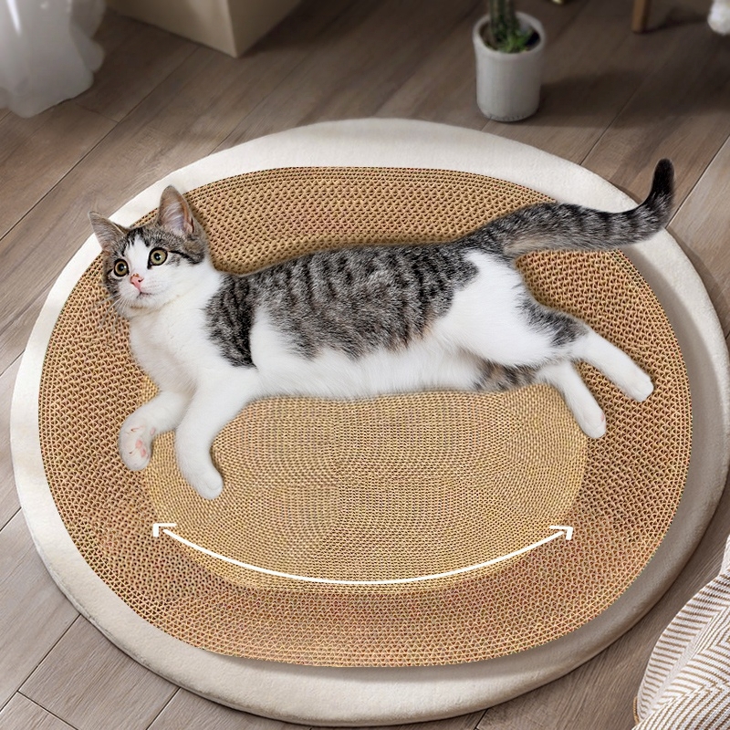 Large Corrugated Cardboard Cat Bed & Scratcher, 2-in-1 Oval Cat Cave for 15lbs Cats, Eco-Friendly Furniture Saver