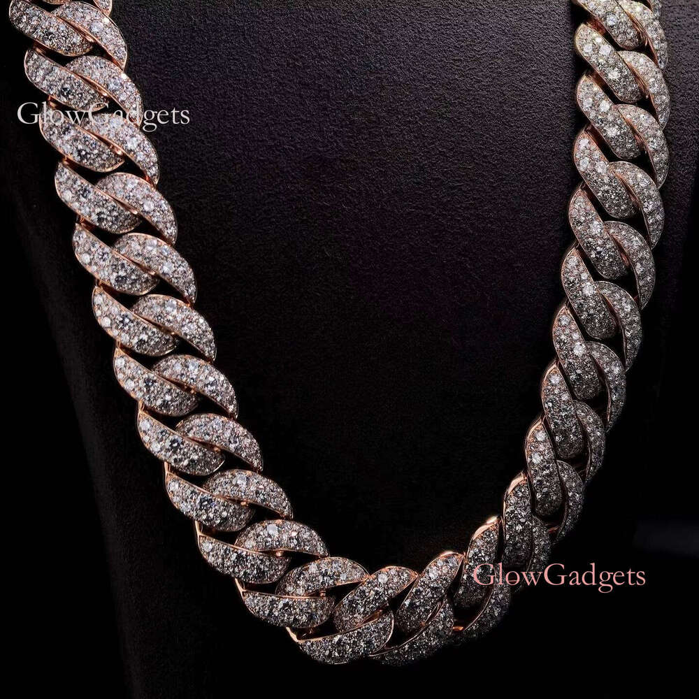 Iced Out 10K Solid Rose Gold Mosaic Setting Lab Grown Dia Cuban Link Chain Necklace 20MM Width