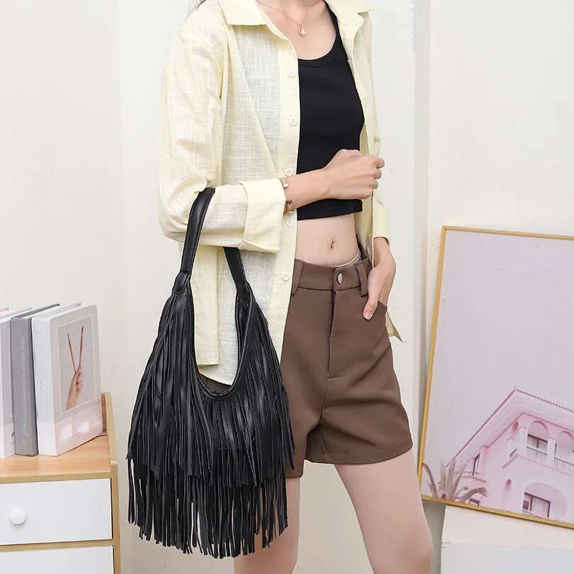 Long Tassels Women Handbag Fashion Shoulder Bags For Ladies Hand Soft PU Leather Casual Hobos Armpit Bag Female Tote
