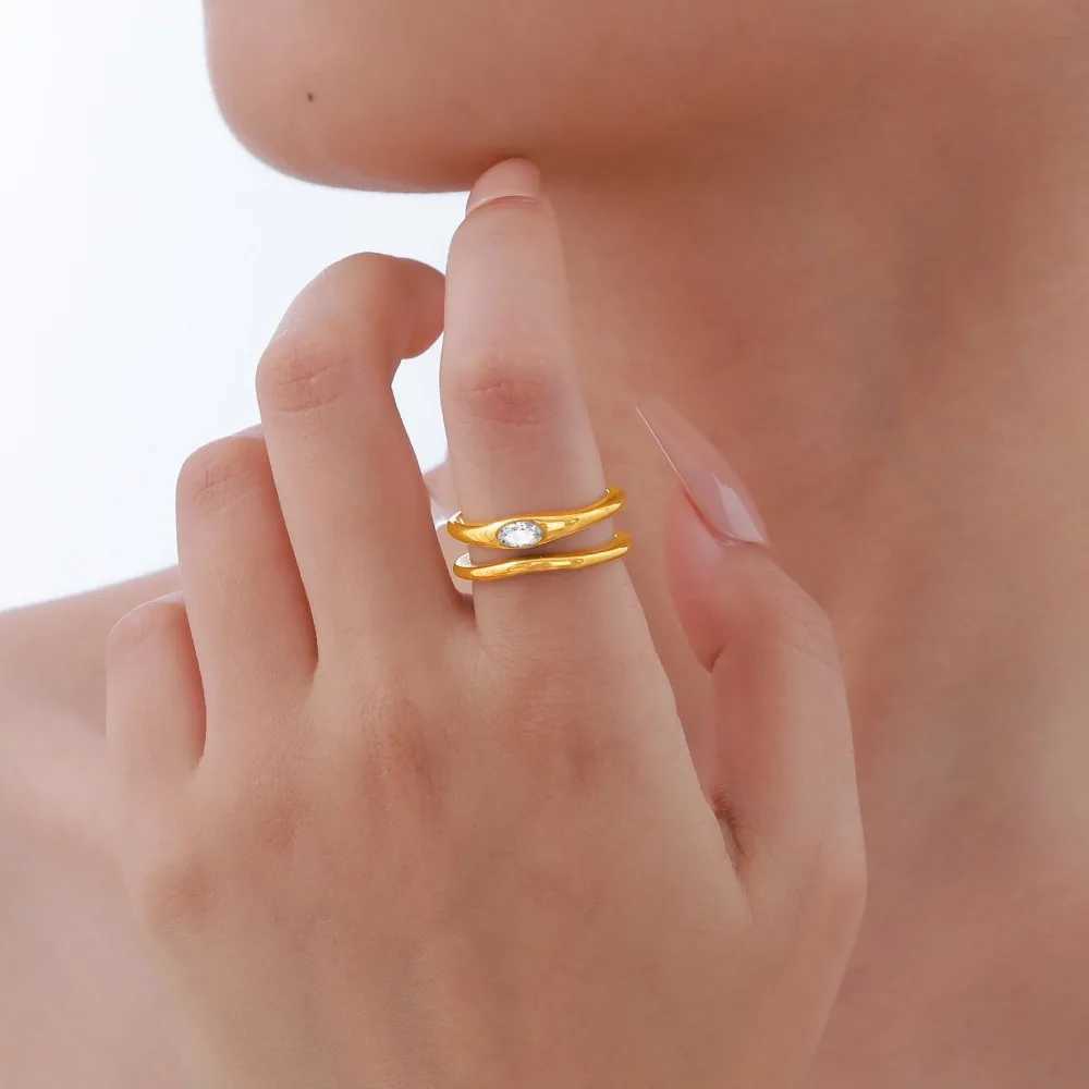Tigrade New Double Layer Zircon Rings For Women Geometric Stainl Steel Open Finger Ring Wedding Jewelry Gift Womens RingsXJ250514
