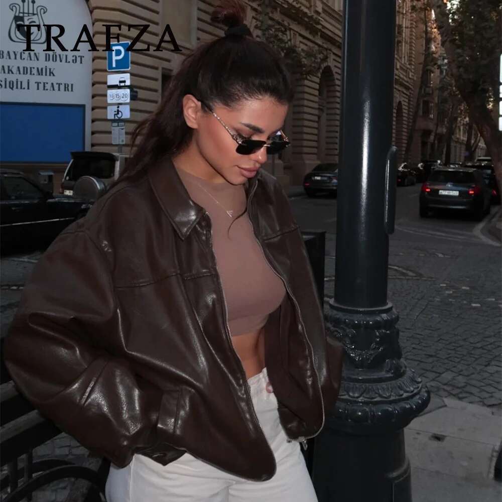 TRAFZA 2024 Autumn Winter Streetwear Faux Leather Women Jackets Fashion Vintage Spliced Zipper Turn Down Collar Chic Lady Jacket Designer