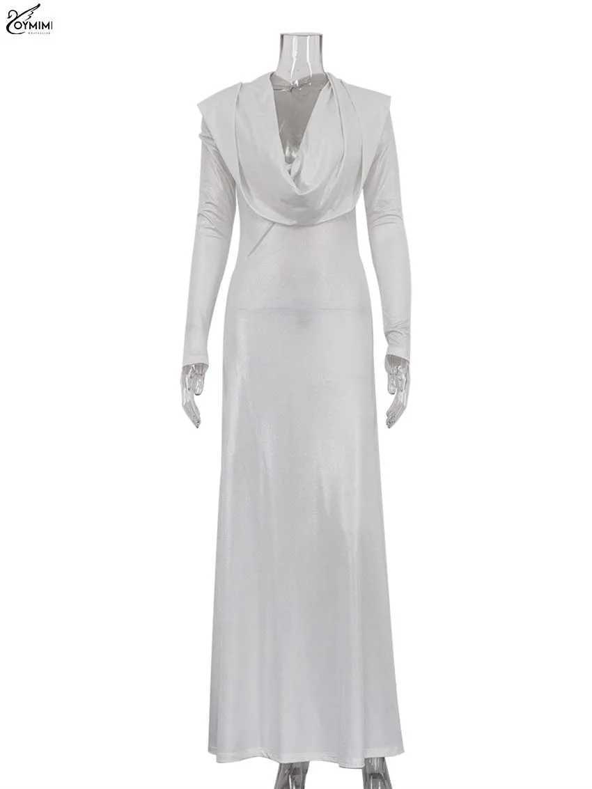 Oymimi Elegant Blue Knitting Womens Dress Fashion Hooded Collar Slim Long Sleeve Dress Casual Solid Floor-Length Dresses FemaleXJ250514