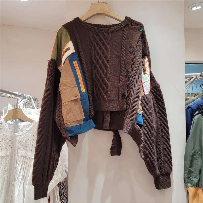 Getspring Women Sweater Irregular Color Matching Single Breasted Cardigans Fashion Loose All Match Short Knitted Tops