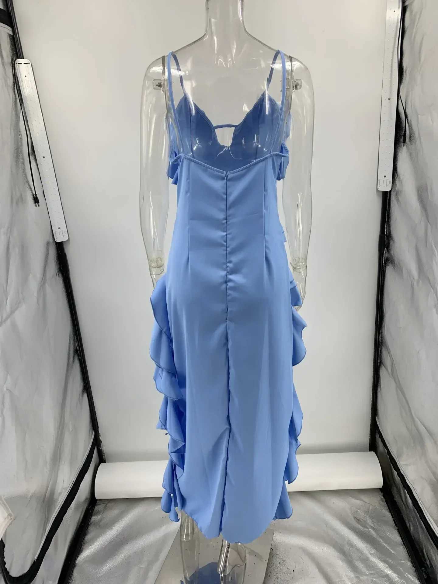 2025 Summer Women Long Dress Blue Solid V-neck Backless Irregular Sexy Slip Dresses Female Fashion Holiday Beach Clothes LadiesXJ250514