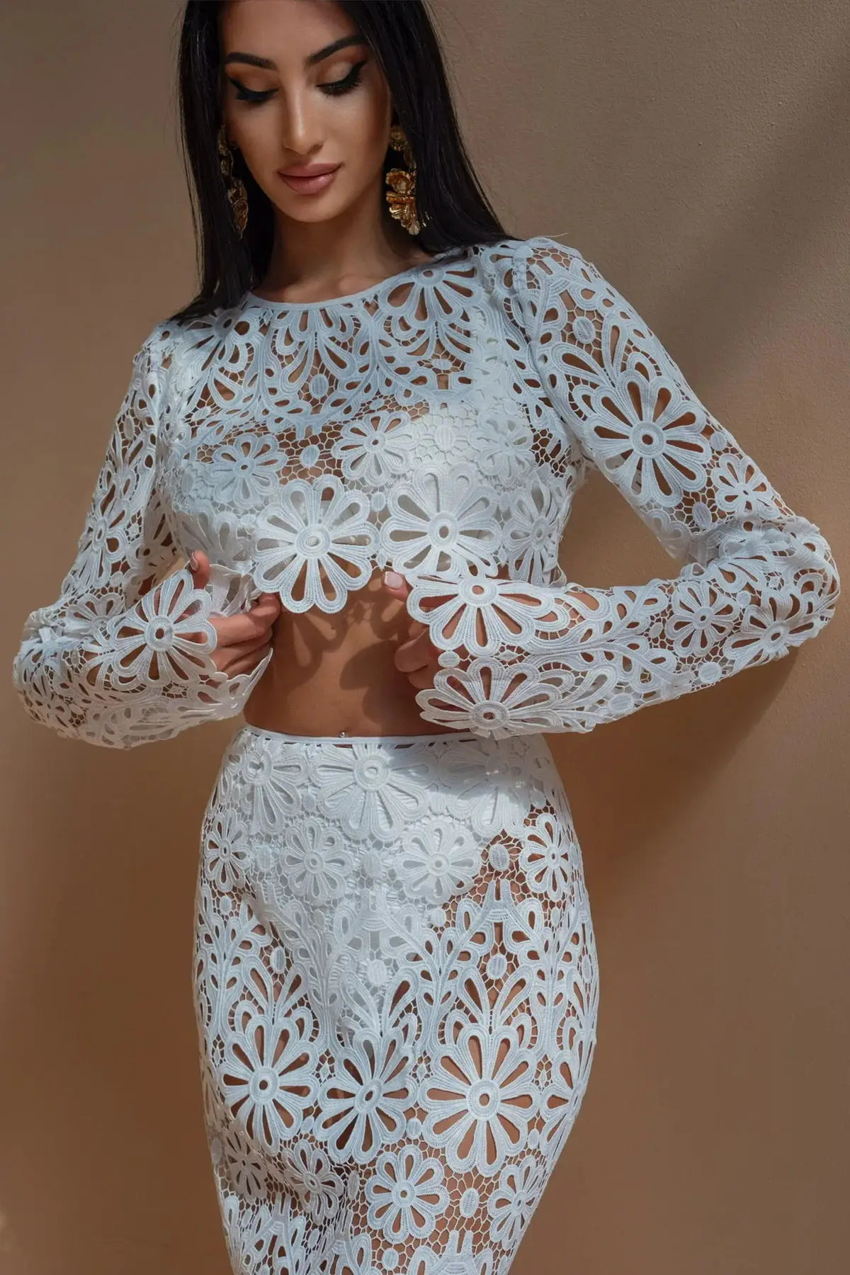 Sexy y White Skirt Two Piece Set Women Long Sleeve Hollow Out Crop Top and Suit Summer Holiday Beach Outfit 250514
