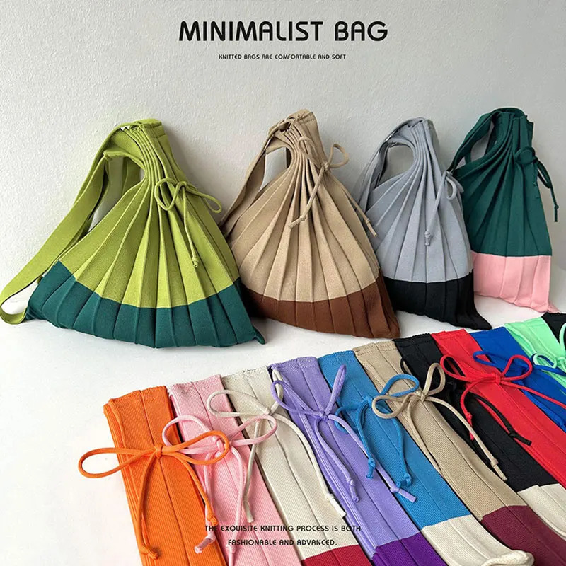 1pc Knitted Pleats Tote Organ Bag ner Chic Stitching Contrast Korean Retro Fashion Women Shoulder Shopper Handbag Foldable 250514