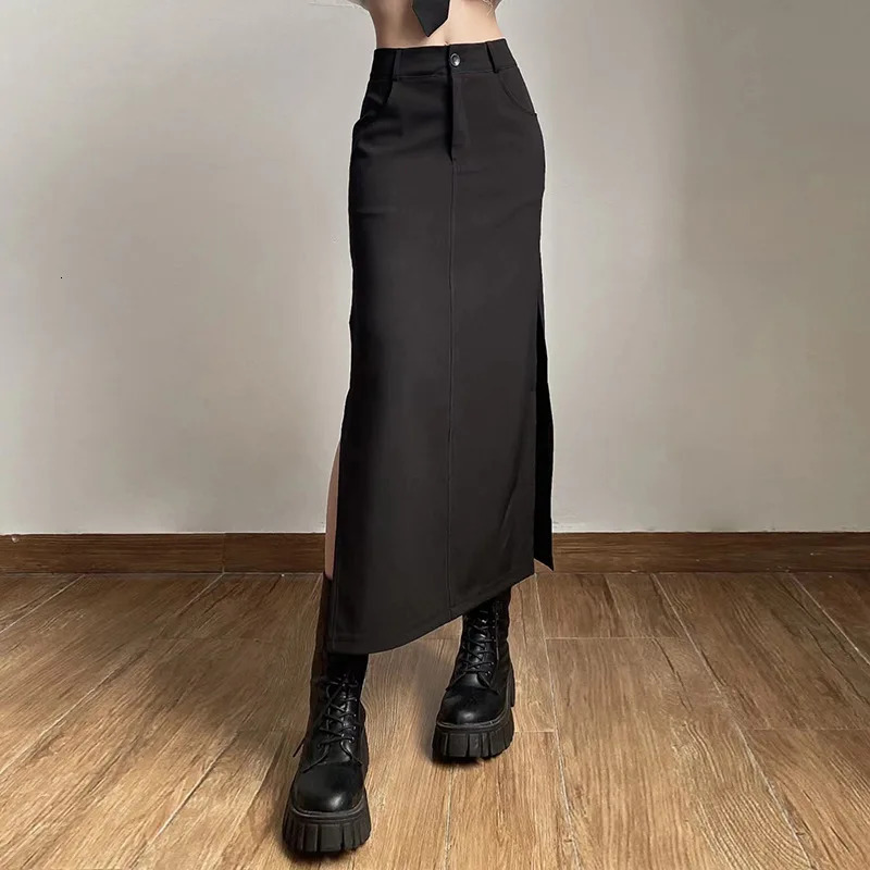 Goth Dark Elegant Mall Gothic Trumpet Women Midi Skirts Grunge High Waist Split Sexy Club Long Skirt Slim Party Streetwear 250514