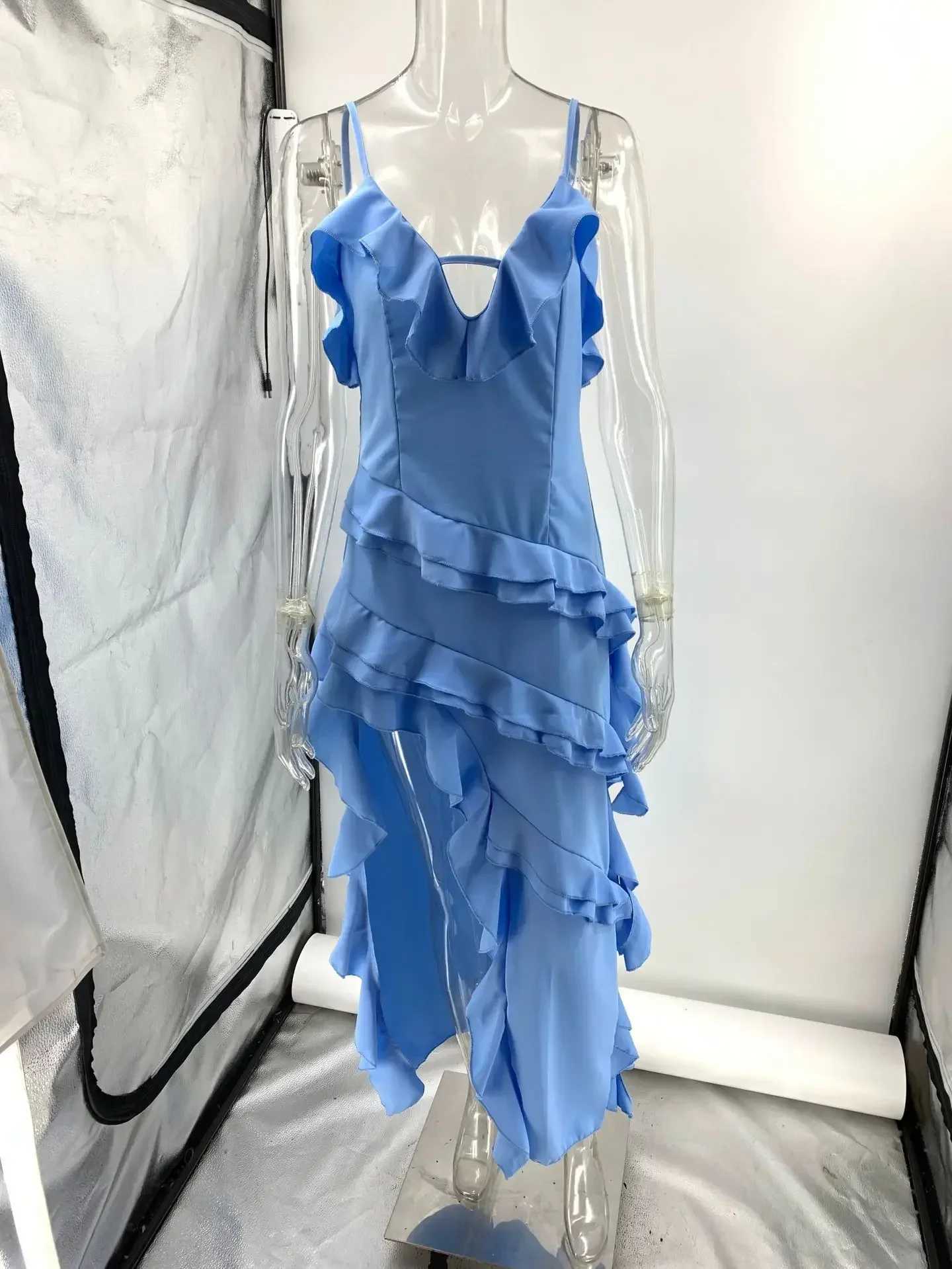 2025 Summer Women Long Dress Blue Solid V-neck Backless Irregular Sexy Slip Dresses Female Fashion Holiday Beach Clothes LadiesXJ250514