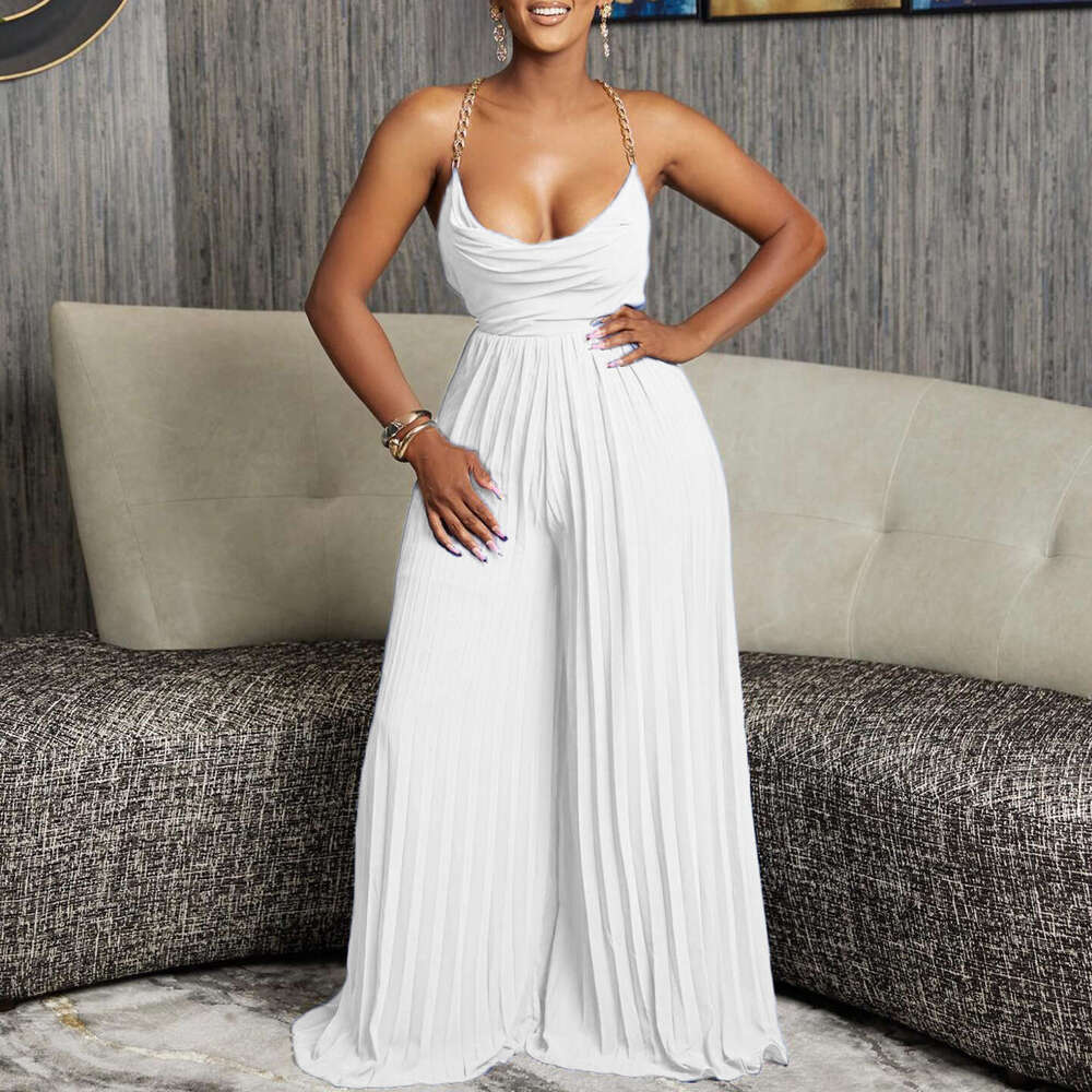 Women's Wear Women's Wear Summer Fashion Chain Hanging Neck High Waist Sexy Backless Wide Leg Pleated Jumpsuit