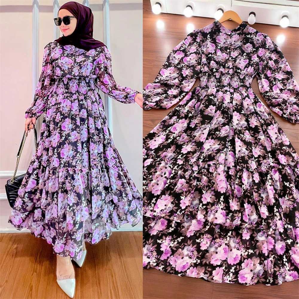 New Fashion Women Print Floral Maxi Dress Chiffon Ruffles Party Gown Muslim Abaya Dubai Kaftan Turkay Robe Eid Ramadan Jalabiya X250514
