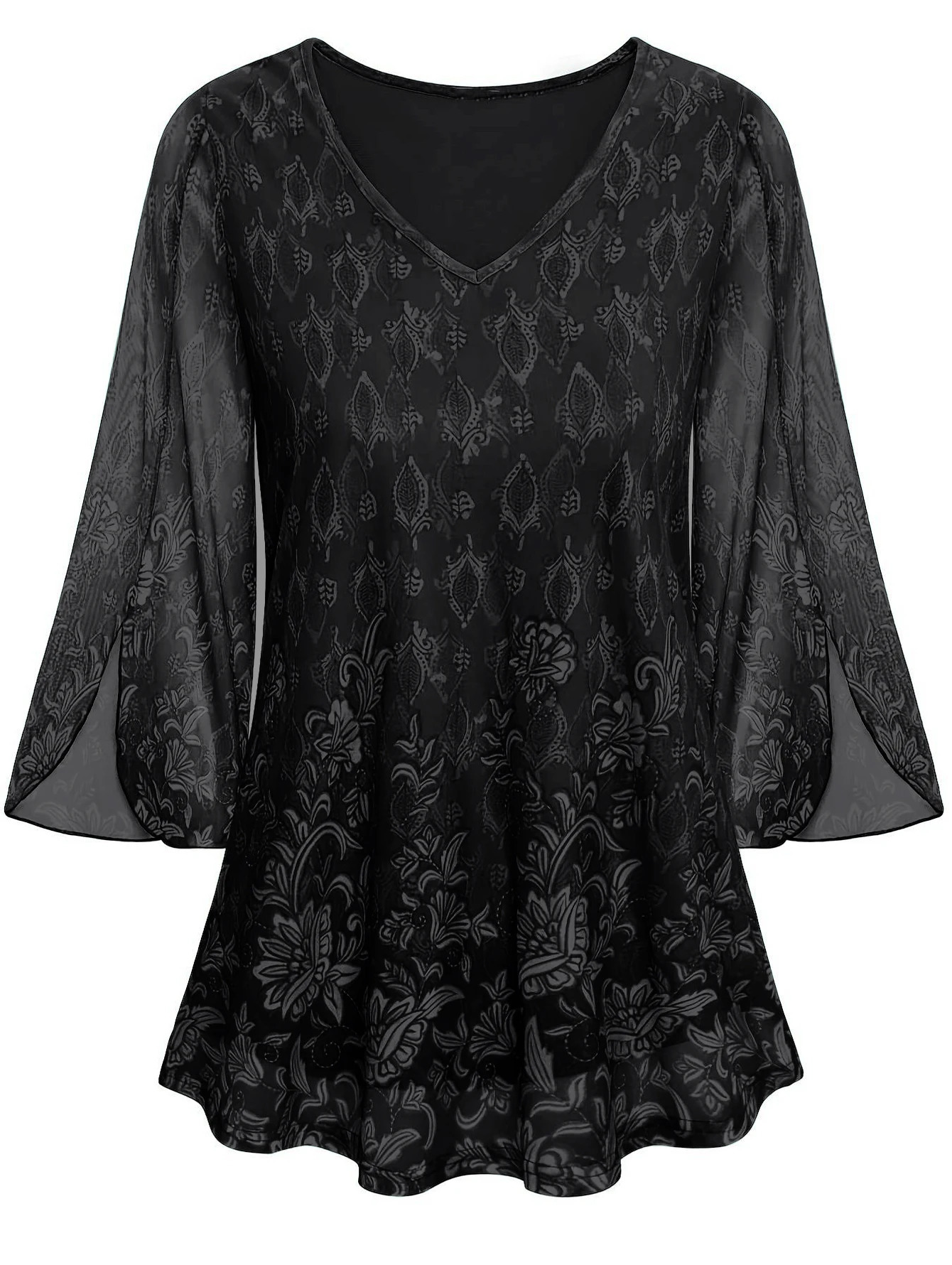 Womens Plus Size Shirt Dressy Green Ruffle 34 Sleeve V Neck Double Layer Mesh Loose Fit Flowy Tunic Blouse Elegant Vintage Top 250514