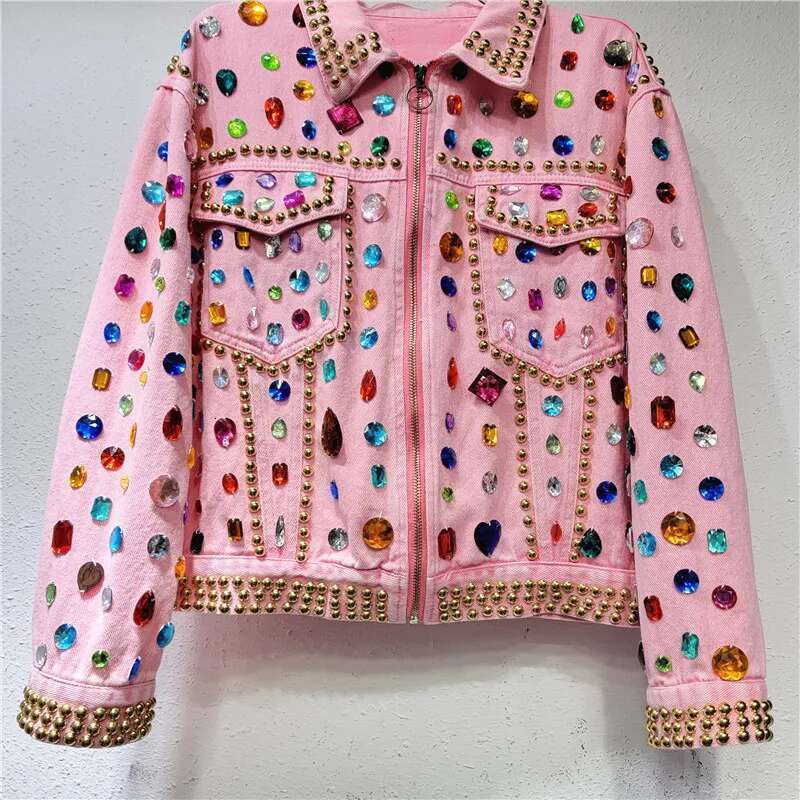 Women Rainbow Dias Beaded Pink Denim Coat Loose Rhinestones Jeans Jacket Long Sleeve Crystal Cowboy Cardigan Rivets Tops