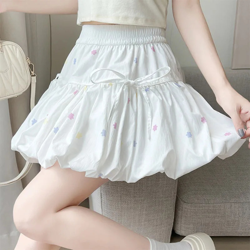 Korean Chic White Flower Bud Skirt Ladies Sweet Ballet Ball Gown Mini Woman Elastic Waist Bow LaceUp Print ALine Skirts 250514