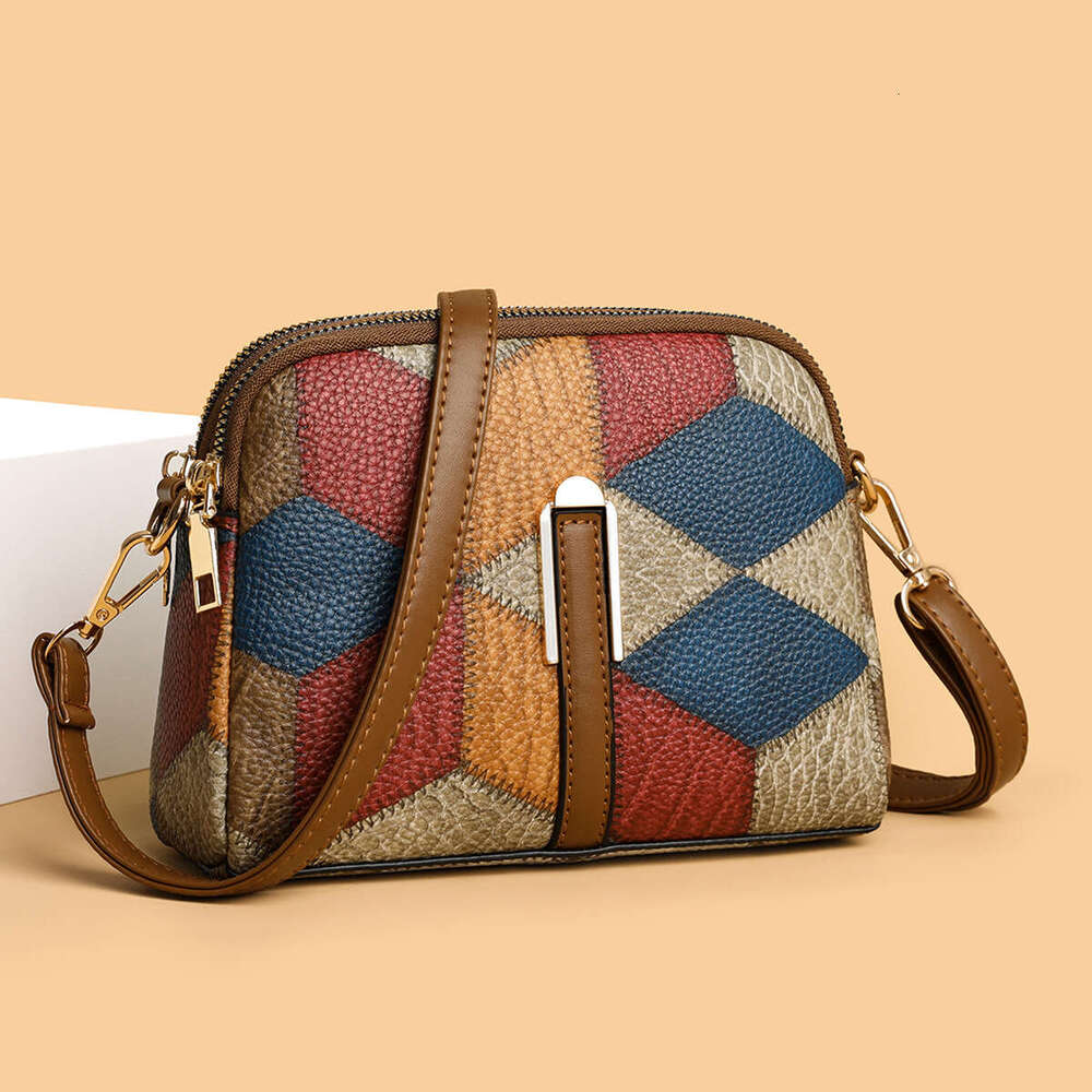 2025 Color blocked Splicing Versatile National Style Double Zipper Single Shoulder Crossover Change Phone Bag New Casual Fashion Trend