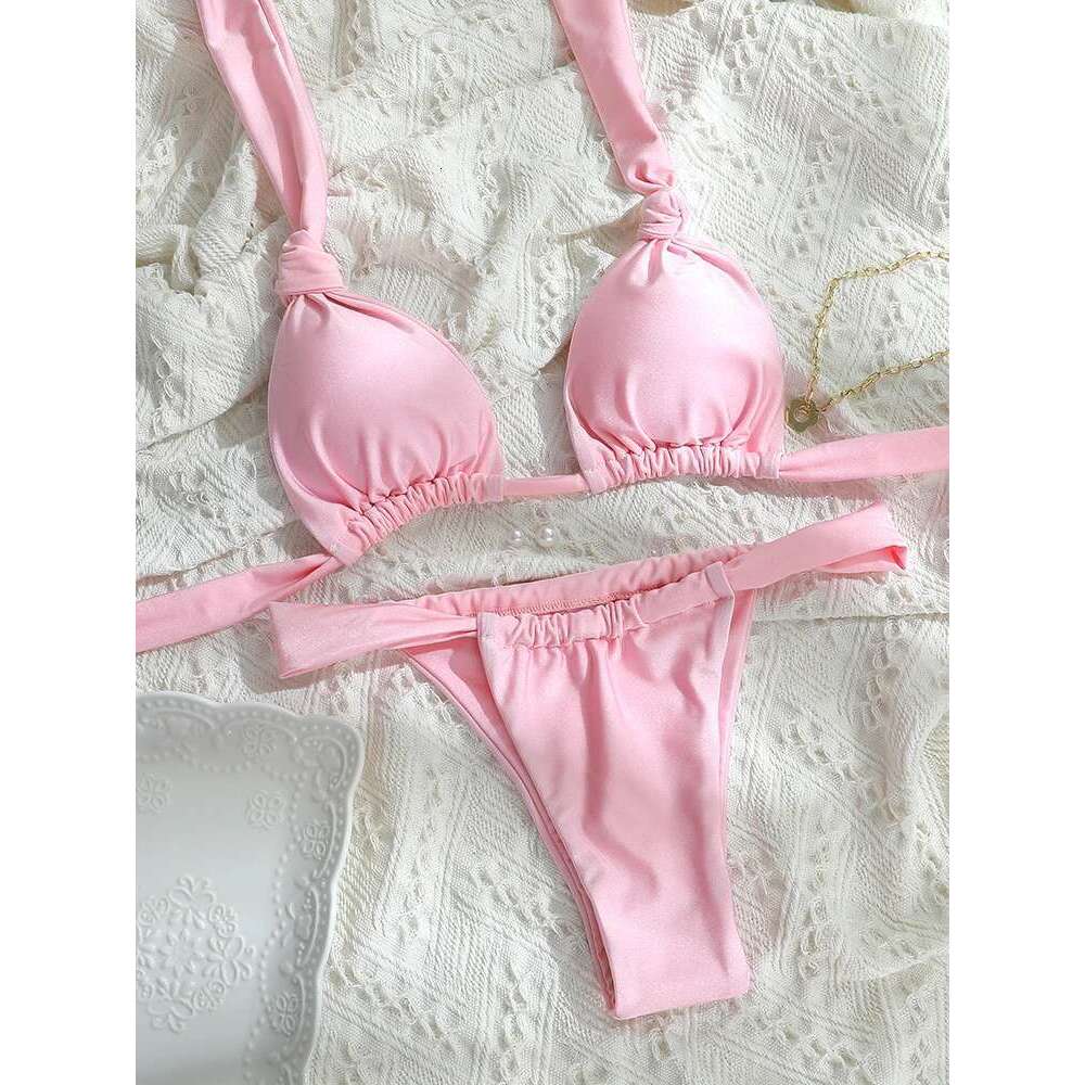 Pleated Bikinis Push Up Swimsuit Sexy Swimwear Women Bandage Beachwear Solid Color Bathing Suits Bikini Summer Swimsuits