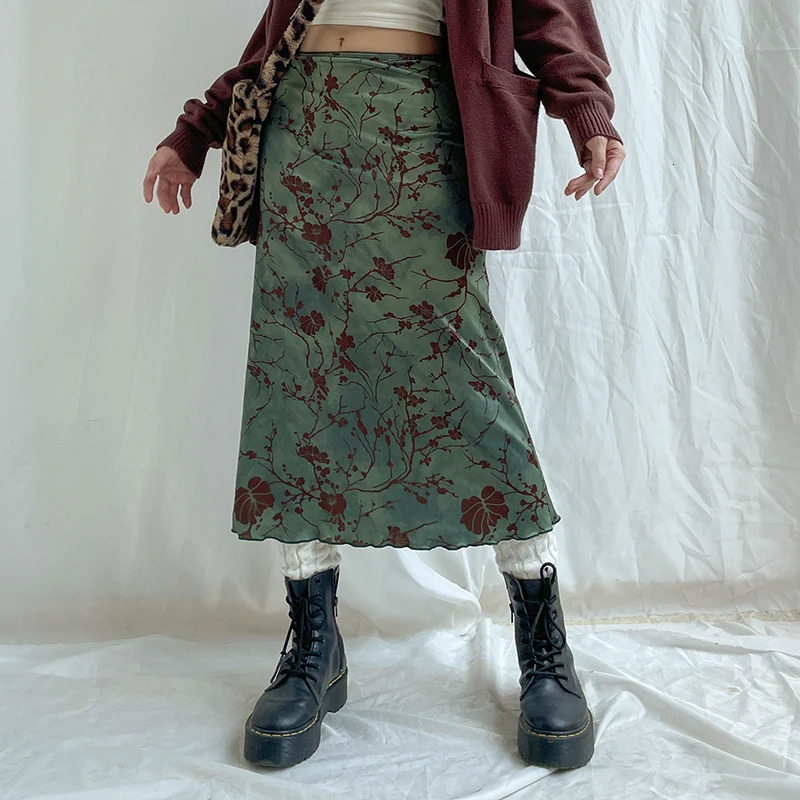 CIBBAR Harajuku Floral Print Long Skirt Vintage Low Rise Straight Midi Skirts for Women Spring Summer Allmatch Ladies Y2k 250514