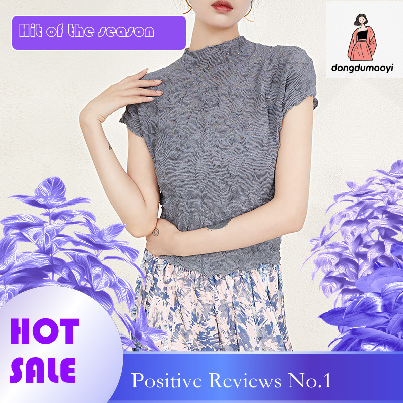 dongdumaoyi French handmade short sleeved T-shirt for summer 2025, new Miyake shirt, women's high-end pleated top, base shirt