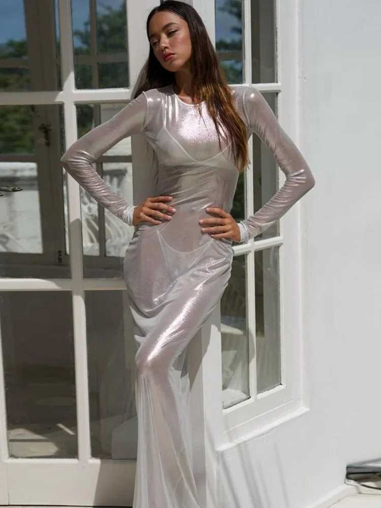 Mesh See Through Maxi Dresses For Women Beach Cover-ups Long Sleeve Womens Dresses Slim Fit One Piece Hot Club Rave OutfitsXJ250514