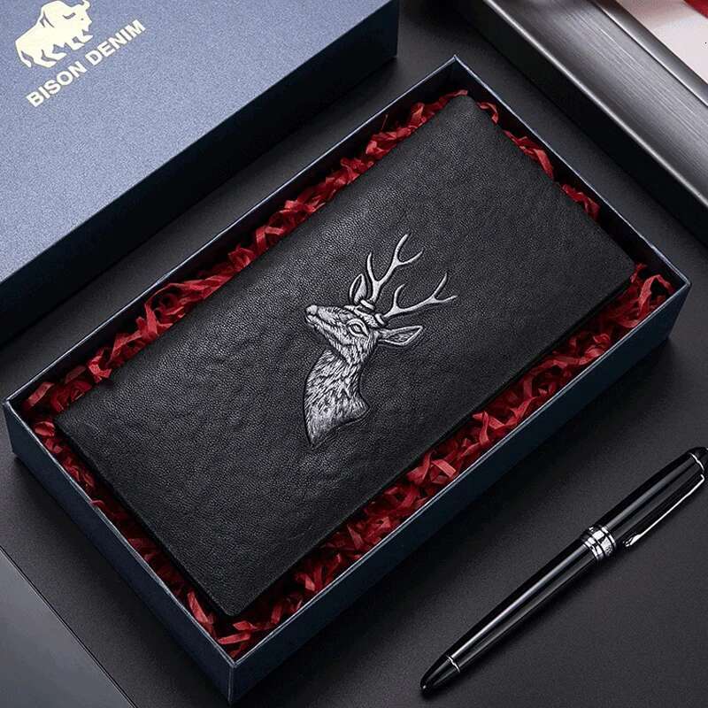 BISON DENIM Genuine Leather Men's Long Card Holder New Designer Brand Cowhide Handbag Men Gift Purse Wallet