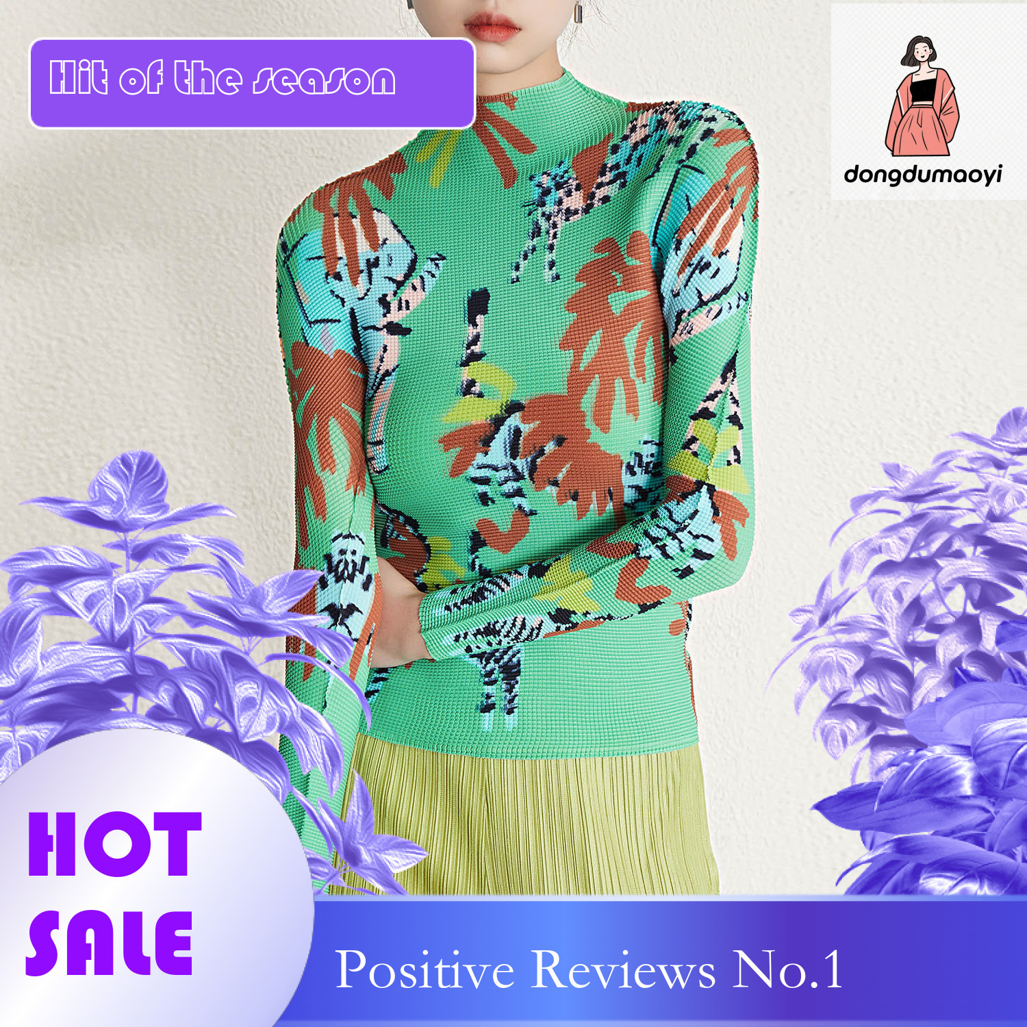 dongdumaoyi Wrinkled semi high neck long sleeved top for spring, new basic graffiti print style, elastic oversized slim fit T-shirt