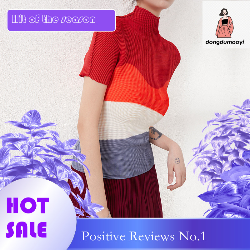 dongdumaoyi Miyake summer thin short sleeved top, slim fit and slimming, elastic pleated printed casual T-shirt, small shirt, women's clothing
