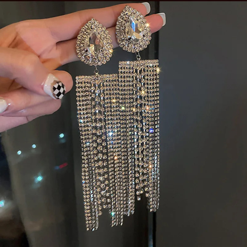 FYUAN Black Gold Color Water Drop Crystal Earrings Oversize Long Tassel Rhinestone for Women Dangle Earring Statement Jewelry 250513