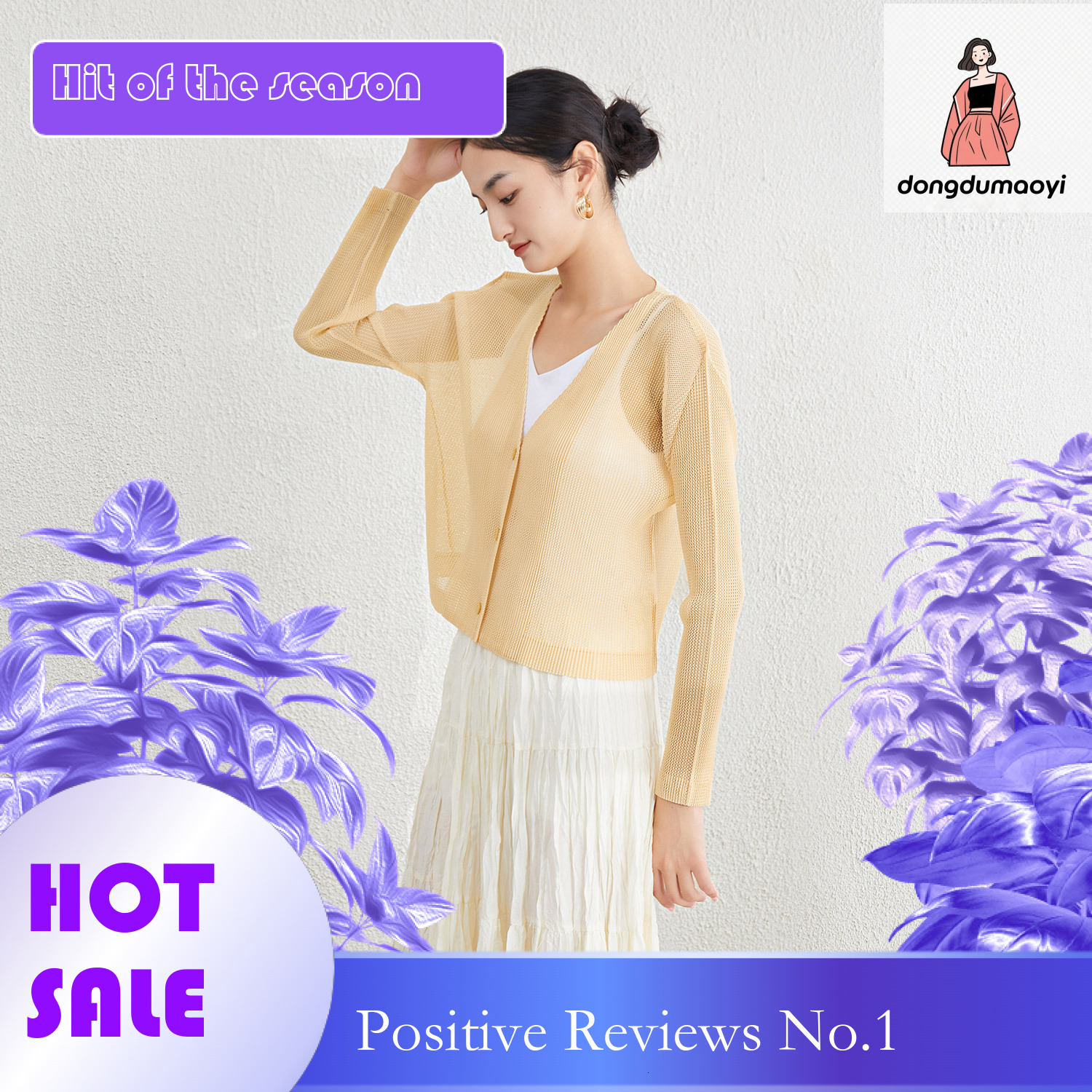 dongdumaoyi Mesh V-neck short knitted cardigan long sleeved thin jacket air-conditioned shirt 2024 summer new three bedroom exterior pleated top