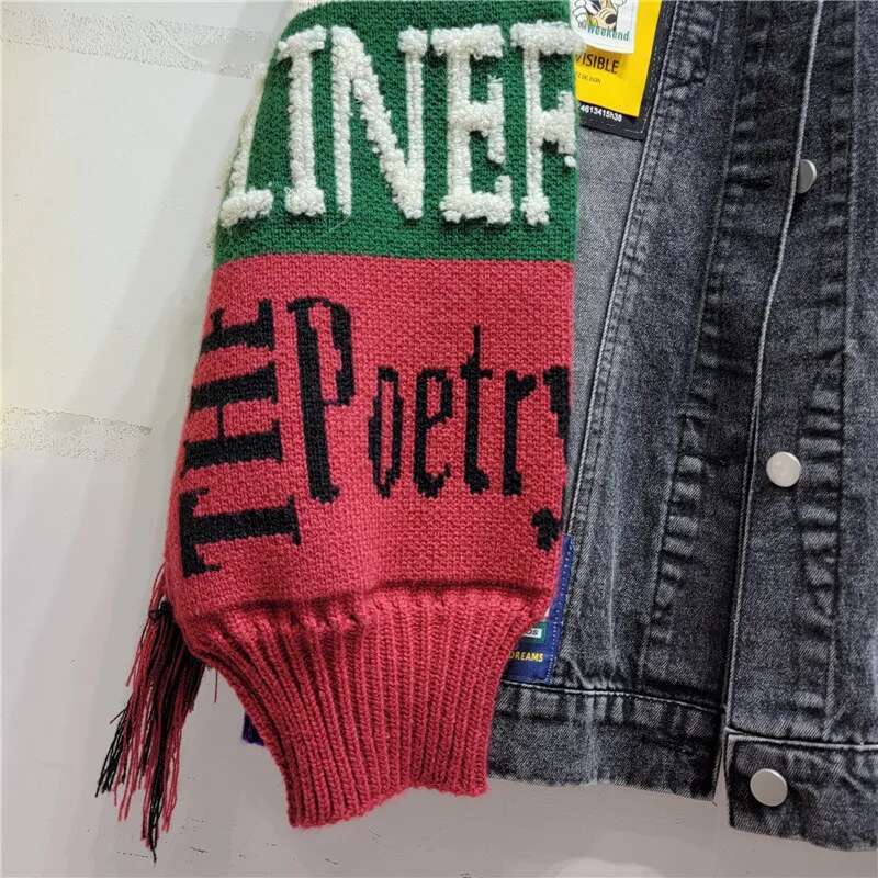 Getspring Women Denim Jacket 2024 Autumn Fashion Letter Sleeve Ing Tassel Knitted Spliced Loose Casual Womens Jean Coat