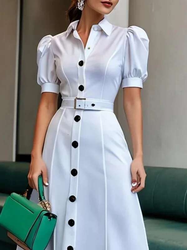 Modigirl Womens Summer Shirt Dress 2025 New Fashion Short Sleeve Woman Casual Long White Dresses with Belt Simple Clothing